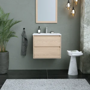 Hangmeubel voor badkamer met eikenfineer met enkele inbouwwastafel, 60 cm, MILIPAM Hangmeubel voor badkamer met eikenfineer met enkele inbouwwastafel, 60 cm, MILIPAM