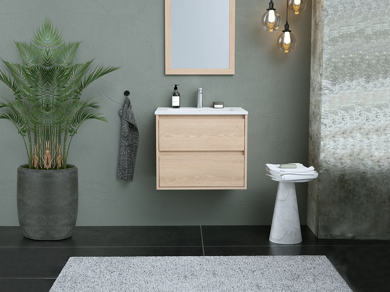 Hangmeubel voor badkamer met eikenfineer met enkele inbouwwastafel, 60 cm, MILIPAM