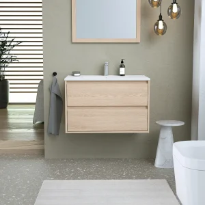 Hangmeubel voor badkamer met eikenfineer met enkele inbouwwastafel, 80 cm, MILIPAM Hangmeubel voor badkamer met eikenfineer met enkele inbouwwastafel, 80 cm, MILIPAM