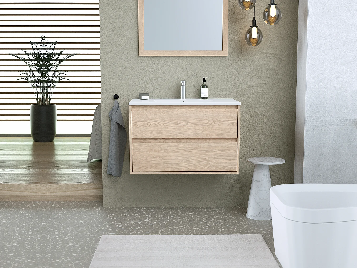 Hangmeubel voor badkamer met eikenfineer met enkele inbouwwastafel, 80 cm, MILIPAM