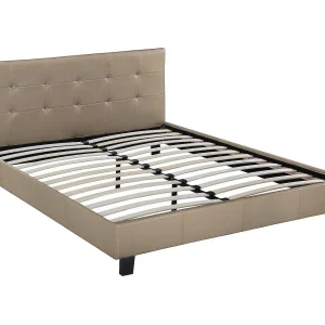 "Julia" Dubbel PVC Bed – Taupe – 160 x 200 – Gecapitonneerd Hoofdbord – Matte Afwerking – Inclusief Latten