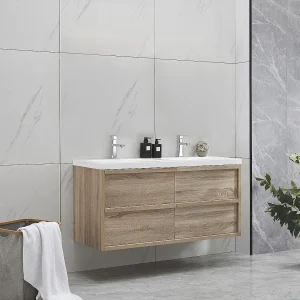 Hangmeubel voor badkamer met inbouwwastafel, licht naturel, 120 cm, QUADRA