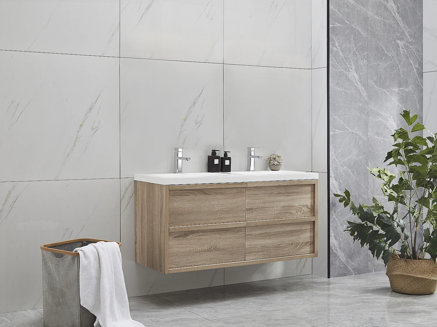 Hangmeubel voor badkamer met inbouwwastafel, licht naturel, 120 cm, QUADRA