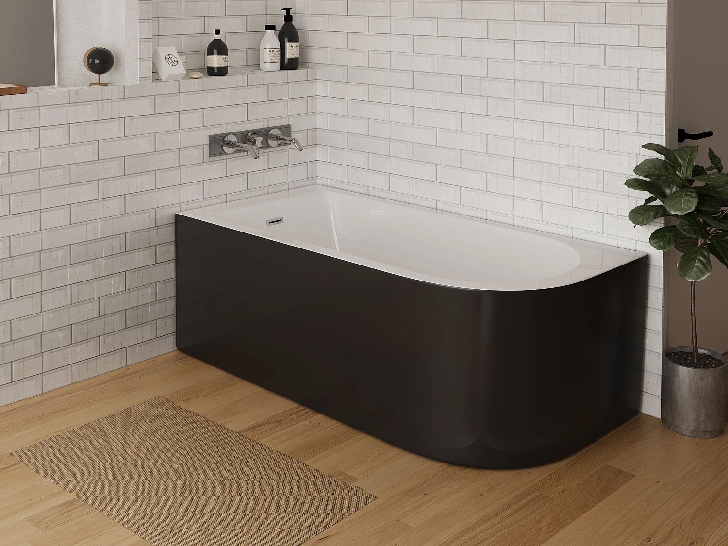 Zwart ovaal losstaand bad van acryl, 240L, 170 x 75 x 58 cm, hoek links, ANIKA
