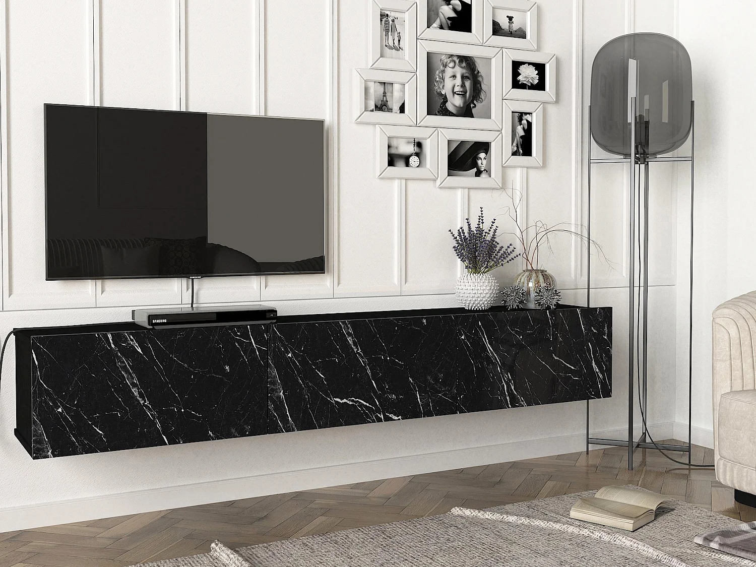 Zwevend TV-meubel met 3 deuren - Kleur: Zwart marmer effect - VIKILA