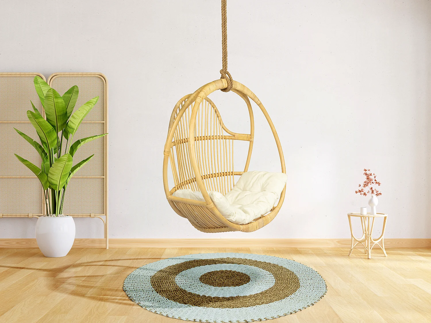 Hangfauteuil van natuurlijke rotan met zitkussen BRIANNA