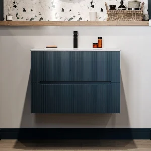Hangend enkel wastafelmeubel, blauw gestreept, L80 cm, PAVANI