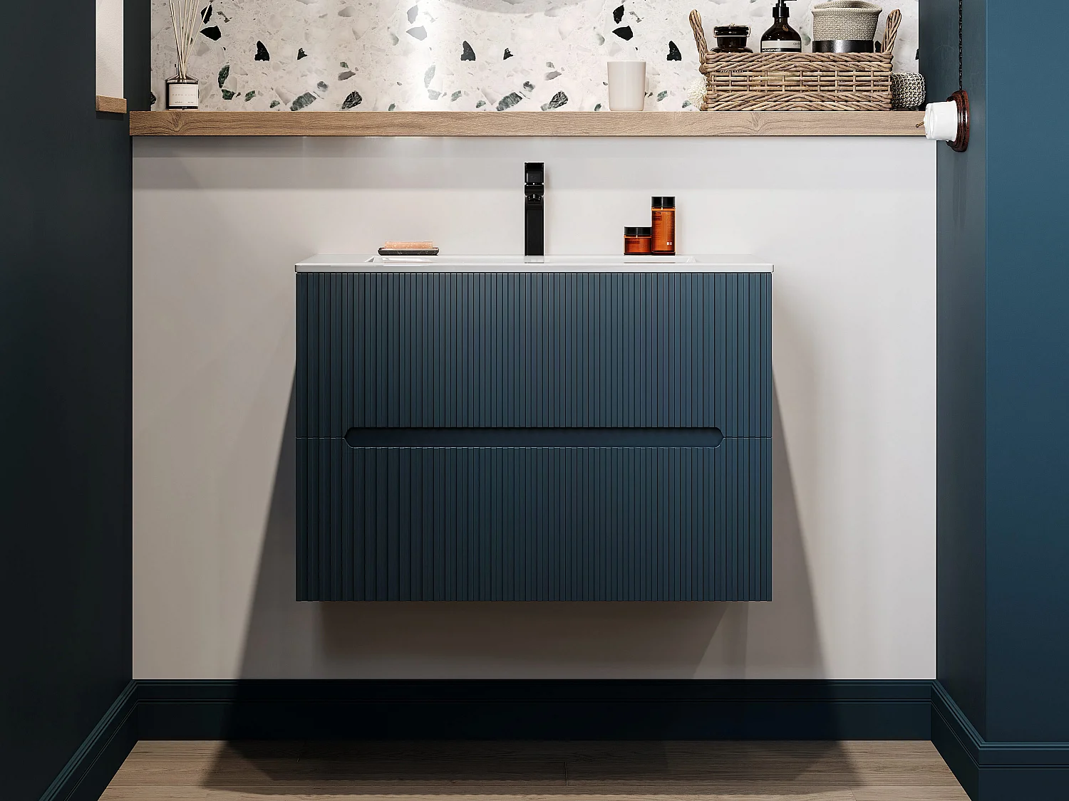 Hangend enkel wastafelmeubel, blauw gestreept, L80 cm, PAVANI