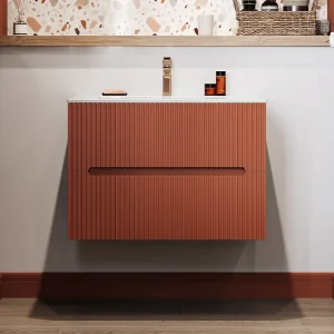 Hangend badkamermeubel met enkele wastafel, terracotta met ribbels, L80 cm, PAVANI Hangend badkamermeubel met enkele wastafel, terracotta met ribbels, L80 cm, PAVANI
