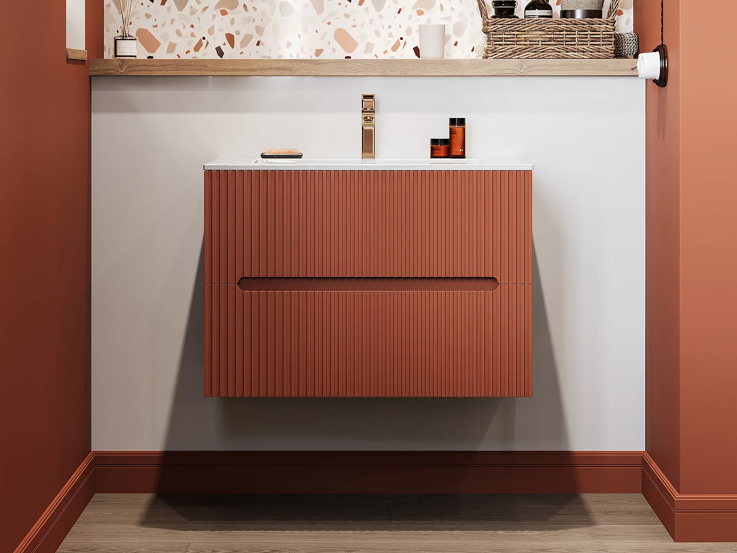 Hangend badkamermeubel met enkele wastafel, terracotta met ribbels, L80 cm, PAVANI