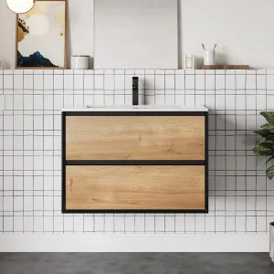 Hangend badkamermeubel met enkele wastafel, licht naturel en zwart, L80 cm, LANNICK Hangend badkamermeubel met enkele wastafel, licht naturel en zwart, L80 cm, LANNICK