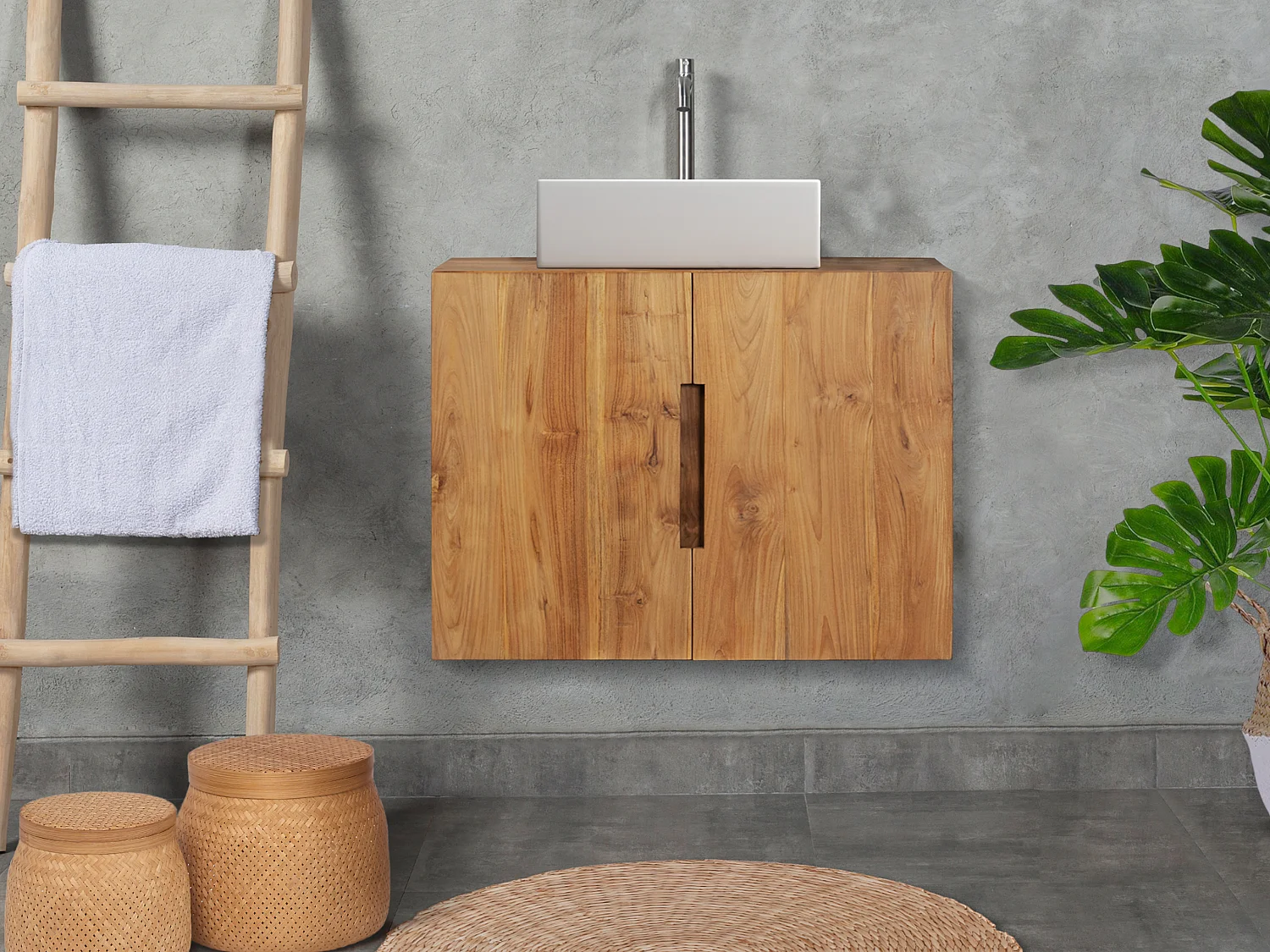 Hangende badkamermeubel van teakhout met wastafel - 80 cm - SAWAN - Koop nu online