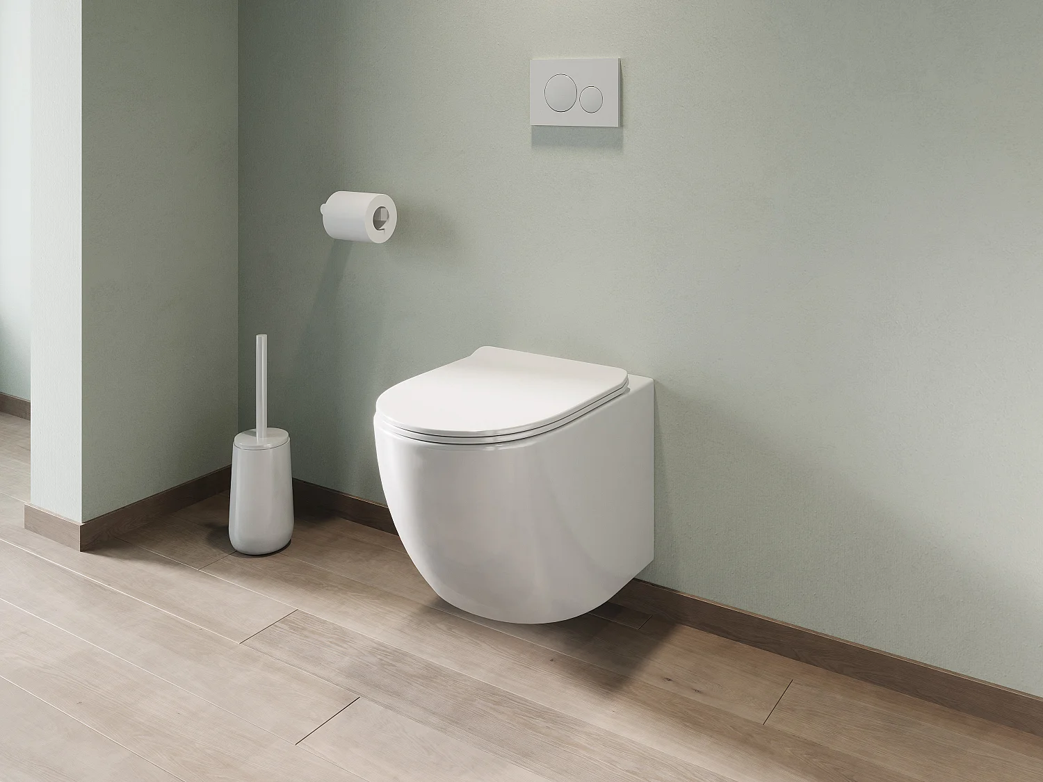 Set voor glanzend witte hang-wc met voorwandsysteem en bedieningsplaat, JAVOINE