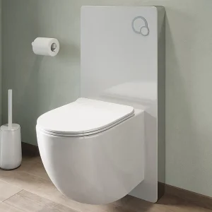 Set voor hang-wc van glanzend wit keramiek met decoratief voorwandsysteem, JAVOINE Set voor hang-wc van glanzend wit keramiek met decoratief voorwandsysteem, JAVOINE