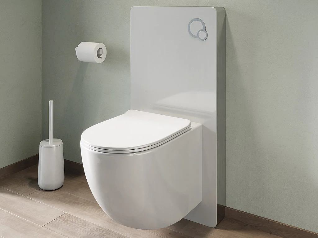 Set voor hang-wc van glanzend wit keramiek met decoratief voorwandsysteem, JAVOINE