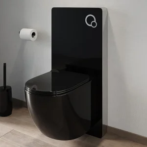 Set voor hang-wc van glanzend zwart keramiek met decoratief voorwandsysteem, JAVOINE Set voor hang-wc van glanzend zwart keramiek met decoratief voorwandsysteem, JAVOINE