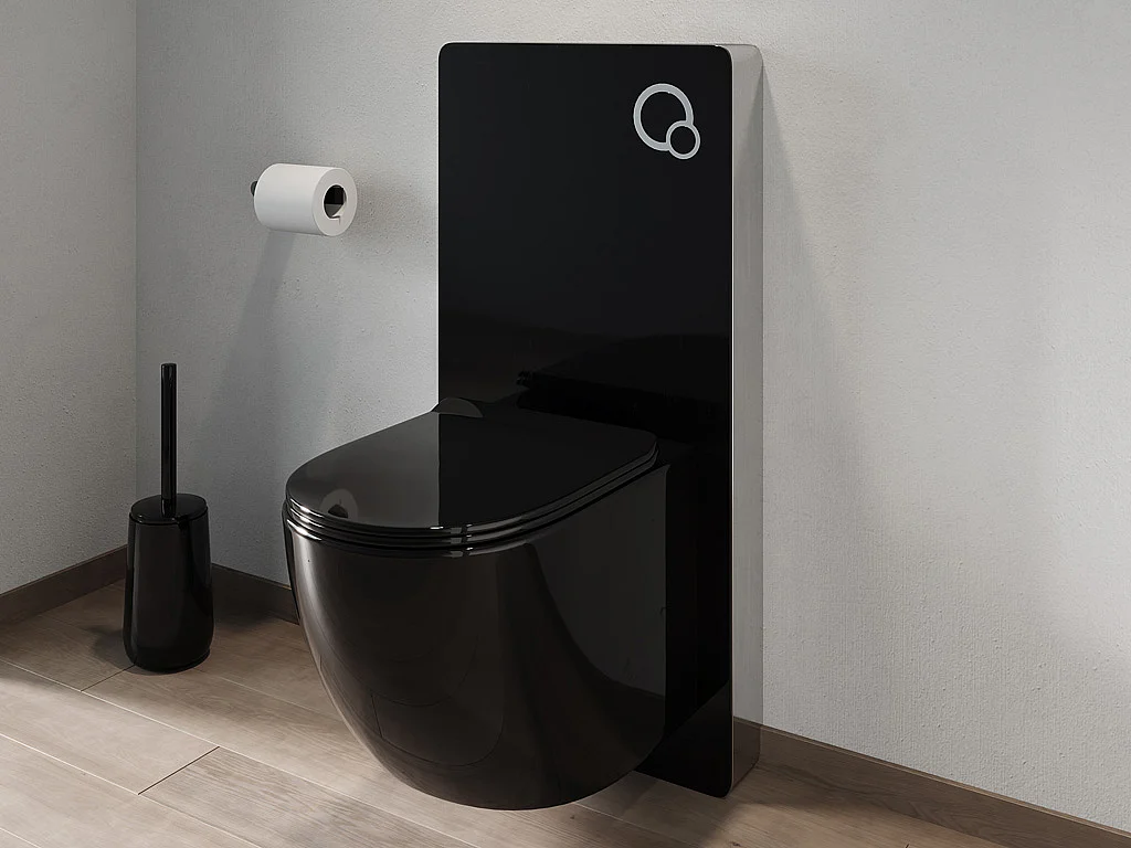 Set voor hang-wc van glanzend zwart keramiek met decoratief voorwandsysteem, JAVOINE