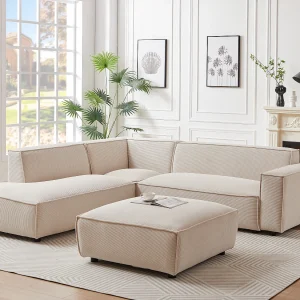 Grote hoekbank met hoek links van beige ribfluweel BORORE Grote hoekbank met hoek links van beige ribfluweel BORORE