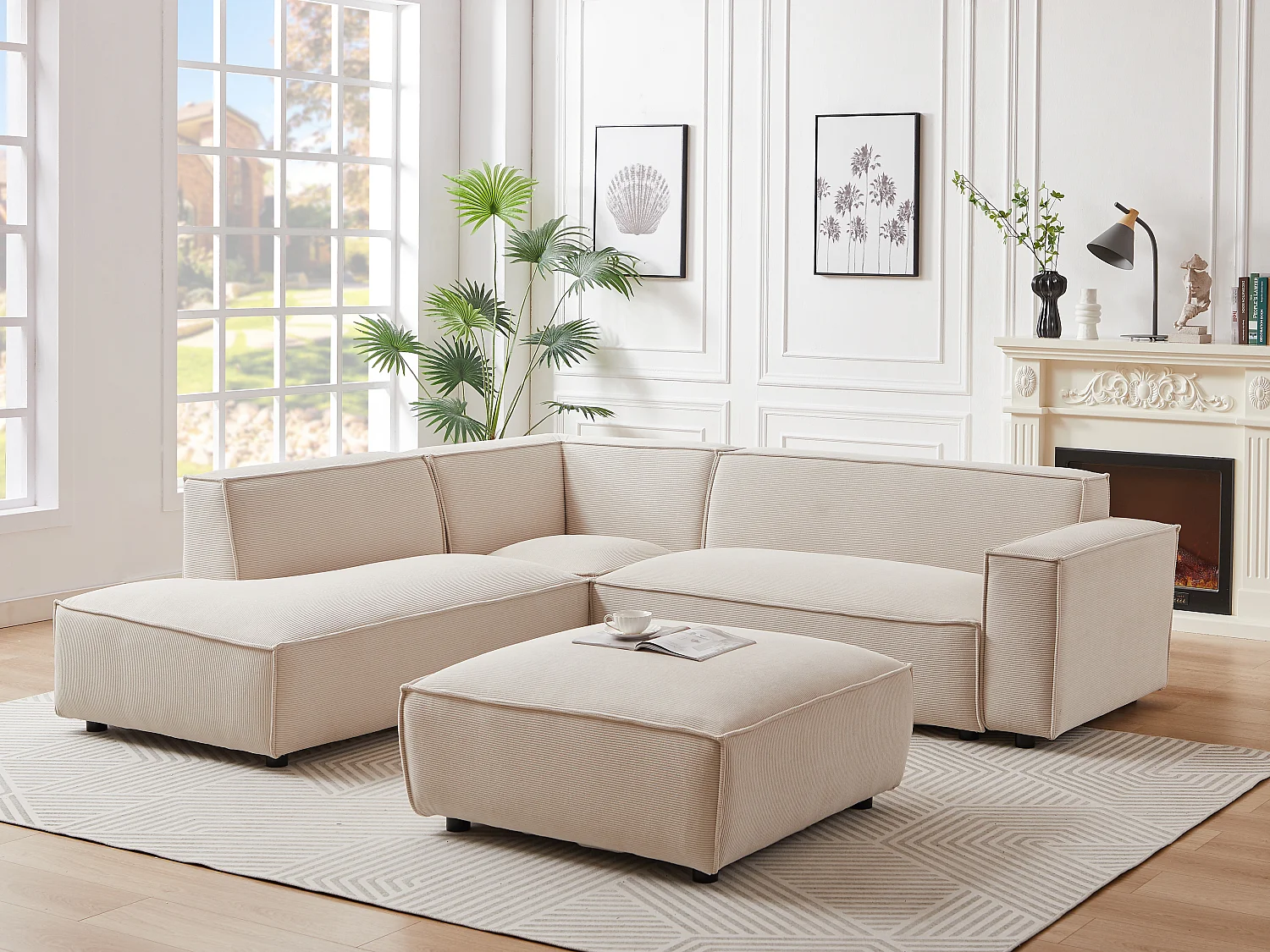 Grote hoekbank met hoek links van beige ribfluweel BORORE