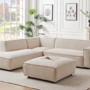 Grote hoekbank met hoek links en poef van beige ribfluweel BORORE Grote hoekbank met hoek links en poef van beige ribfluweel BORORE