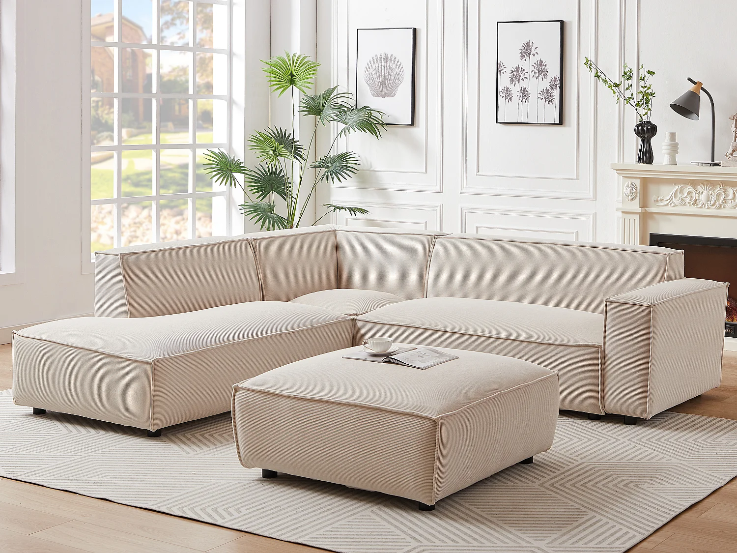 Grote hoekbank met hoek links en poef van beige ribfluweel BORORE