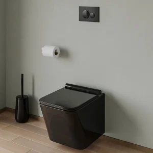Set voor hang-wc van mat zwart keramiek met voorwandsysteem en bedieningsplaat, CLEMONA