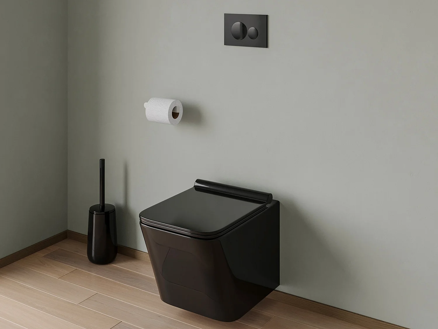 Set voor hang-wc van mat zwart keramiek met voorwandsysteem en bedieningsplaat, CLEMONA