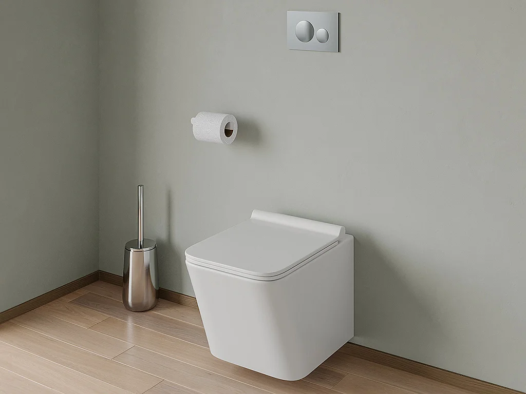 Set voor hang-wc met wit voorwandsysteem en chroomkleurige ronde bedieningsplaat, CLEMONA