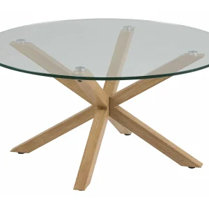 Heat salontafel Ø82 cm, blad in helder glas en onderstel in metaal met eiken folie. Heat salontafel Ø82 cm, blad in helder glas en onderstel in metaal met eiken folie.