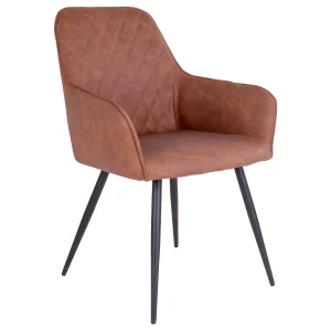 Hasse eetkamerstoel in vintage bruin PU kunstleer met zwart gelakte metalen poten.