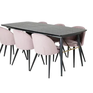 Gold eethoek eetkamertafel uitschuifbare tafel lengte cm 180 / 220 zwart en 6 Velvet eetkamerstal fluweel roze, zwart. Gold eethoek eetkamertafel uitschuifbare tafel lengte cm 180 / 220 zwart en 6 Velvet eetkamerstal fluweel roze, zwart.