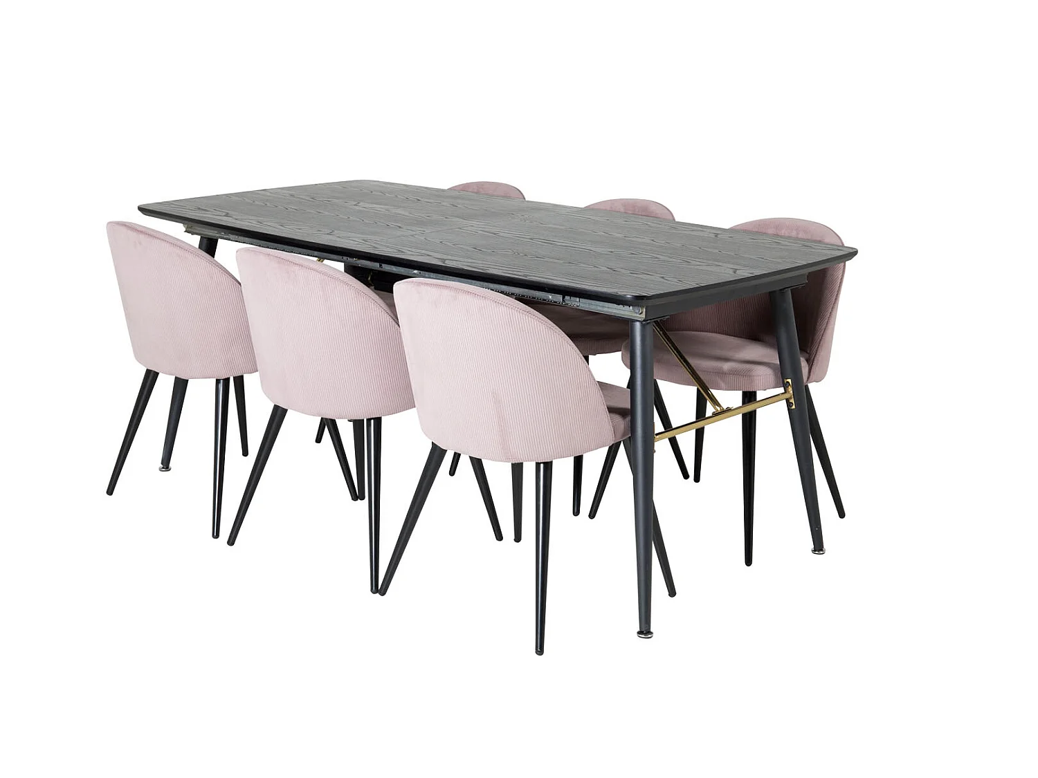 Gold eethoek eetkamertafel uitschuifbare tafel lengte cm 180 / 220 zwart en 6 Velvet eetkamerstal fluweel roze, zwart.