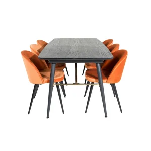 Gold eethoek eetkamertafel uitschuifbare tafel lengte cm 180 / 220 zwart en 6 Velvet eetkamerstal velours oranje, zwart. Gold eethoek eetkamertafel uitschuifbare tafel lengte cm 180 / 220 zwart en 6 Velvet eetkamerstal velours oranje, zwart.