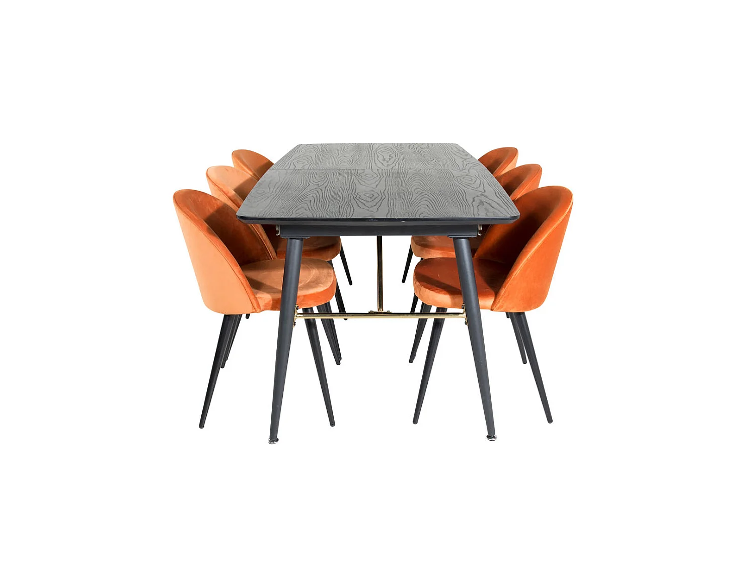 Gold eethoek eetkamertafel uitschuifbare tafel lengte cm 180 / 220 zwart en 6 Velvet eetkamerstal velours oranje, zwart.
