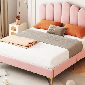 Gestoffeerd fluwelen bed 140x200cm met lattenbodem – verstelbaar hoofdeinde – roze Gestoffeerd fluwelen bed 140x200cm met lattenbodem – verstelbaar hoofdeinde – roze