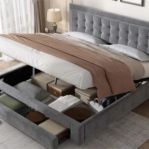 Gewatteerd opbergbed 180x200cm in fluweel – met lade en lattenbodem – Grijs (zonder matras)