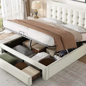 Gewatteerd opbergbed 180x200cm in fluweel – met lade en lattenbodem – Beige (zonder matras)