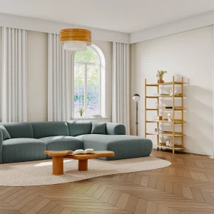 Grote hoekbank met hoek rechts van blauwe stof met textuur met designstijl POGNI van Maison Céphy Grote hoekbank met hoek rechts van blauwe stof met textuur met designstijl POGNI van Maison Céphy