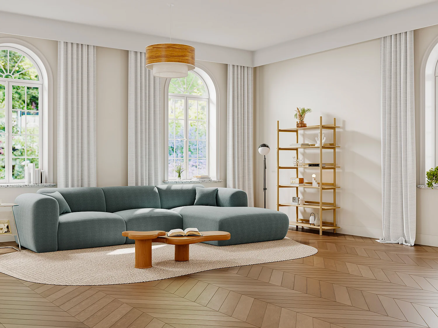 Grote hoekbank met hoek rechts van blauwe stof met textuur met designstijl POGNI van Maison Céphy
