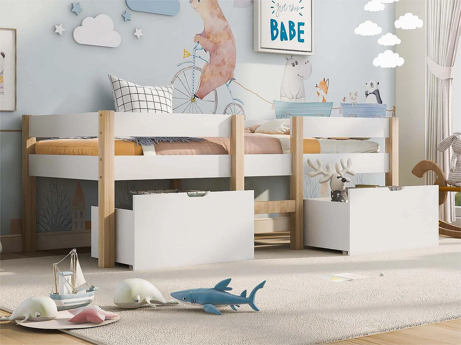 Mezzaninebed van massief grenen met lades - 90x190 cm - Wit
