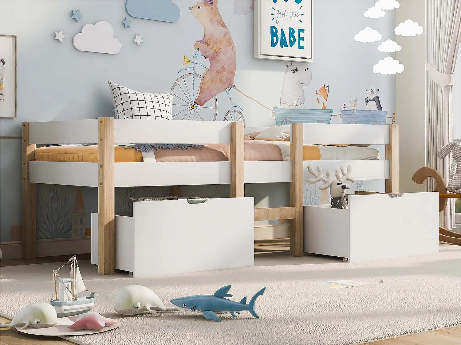 Massief grenen tussenbed met lades - 90x200 cm - Wit
