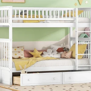 Houten stapelbed met lades en ladder – 90x200cm – Wit Houten stapelbed met lades en ladder – 90x200cm – Wit