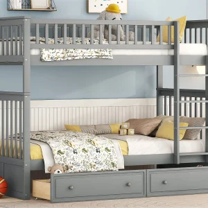Houten stapelbed met lades en ladder – 90x200cm – Grijs Houten stapelbed met lades en ladder – 90x200cm – Grijs