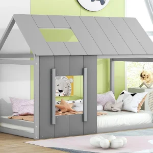 Grenenhouten cabinebed 90x200cm – kinderbed met dak en raam en lattenbodem – Grijs Grenenhouten cabinebed 90x200cm – kinderbed met dak en raam en lattenbodem – Grijs