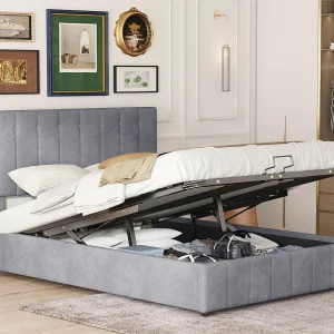 Gestoffeerd opbergbed – 140x200cm – fluwelen stof – Grijs Gestoffeerd opbergbed – 140x200cm – fluwelen stof – Grijs