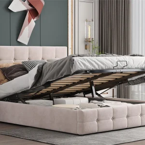 Gestoffeerd opbergbed – 140x200cm – fluwelen stof – verstelbaar blokpatroon hoofdeinde – Crème Gestoffeerd opbergbed – 140x200cm – fluwelen stof – verstelbaar blokpatroon hoofdeinde – Crème