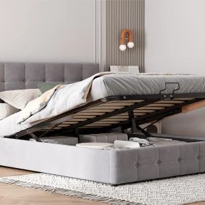 Gestoffeerd opbergbed – 140x200cm – fluwelen stof – verstelbaar hoofdeinde met blokpatroon – Grijs Gestoffeerd opbergbed – 140x200cm – fluwelen stof – verstelbaar hoofdeinde met blokpatroon – Grijs