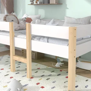 Halfhoog bed – 90 x 200 cm – grenenhout – lattenbodem – kleuren: wit en eiken