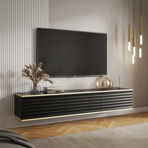 Hangend tv-meubel met 3 deurtjes van mdf – Zwart en goud – ALESAR Hangend tv-meubel met 3 deurtjes van mdf – Zwart en goud – ALESAR
