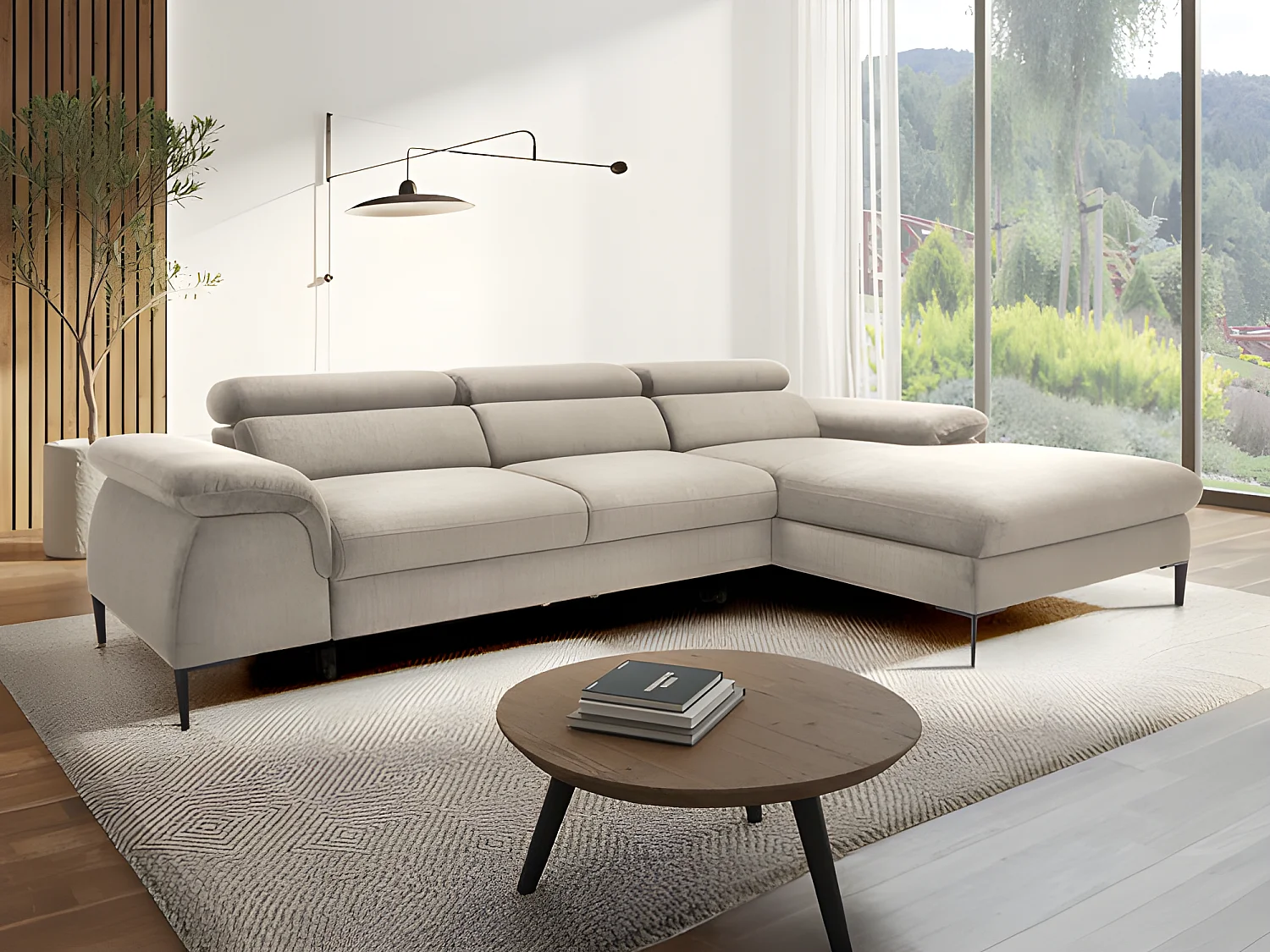 Slaapbank met hoek rechts in beige fluweel design SEPINA van Pascal Morabito